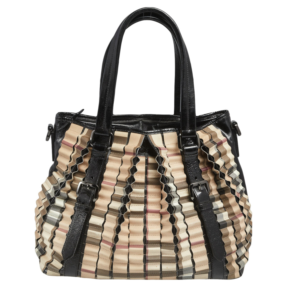 Top Quality Burberry Black/Beige House Check PVC and Patent Leather Lowry Ruffled Tote