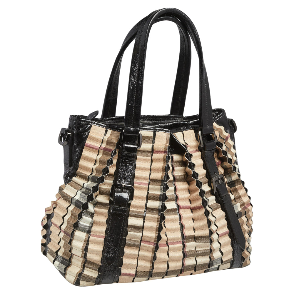 Burberry Black/Beige House Check PVC and Patent Leather Lowry Ruffled Tote