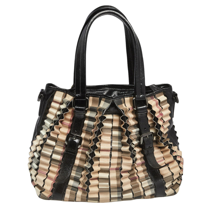 Burberry Black/Beige House Check PVC and Patent Leather Lowry Ruffled Tote