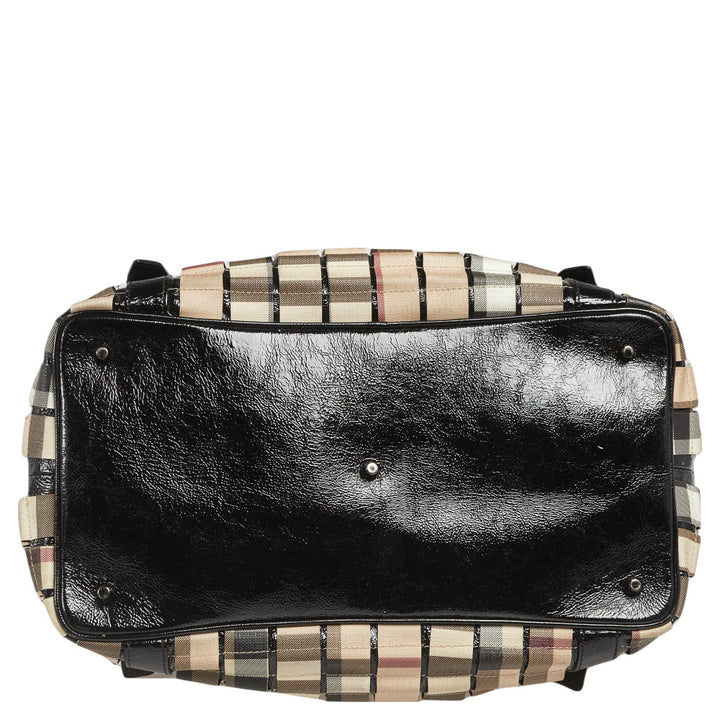 Burberry Black/Beige House Check PVC and Patent Leather Lowry Ruffled Tote