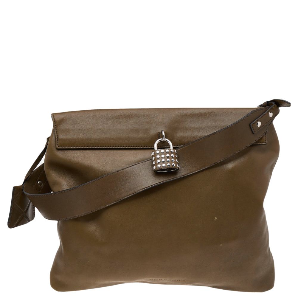 Top Quality Burberry Olive Green Leather Studded Lock Messenger Bag