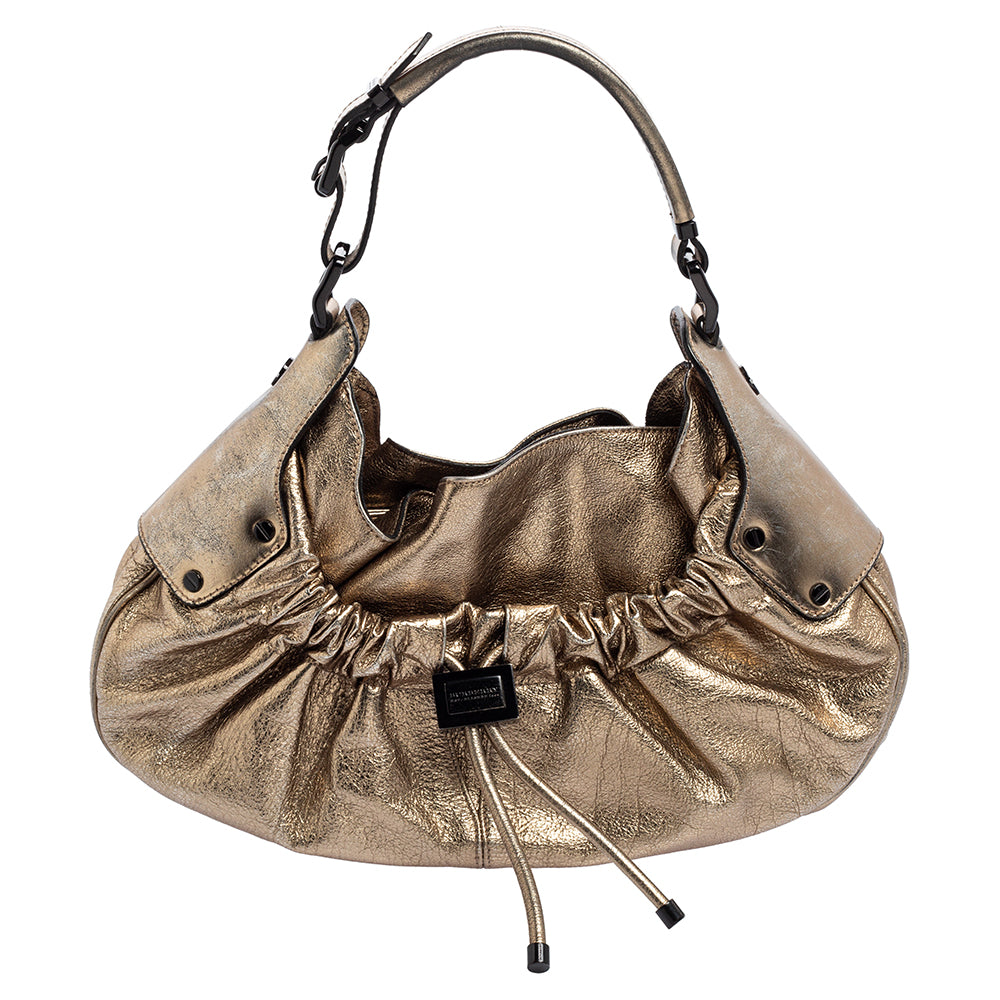 Top Quality Burberry Gold Leather Warrior Drawstring Hobo