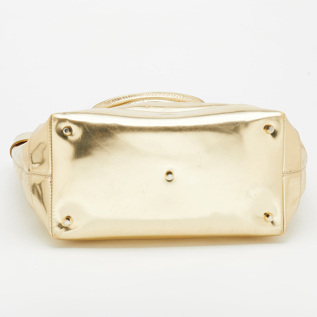 Burberry Metallic Gold Beat Check Mirror Patent Leather Ember Tote
