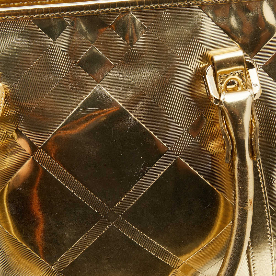 Burberry Metallic Gold Beat Check Mirror Patent Leather Ember Tote