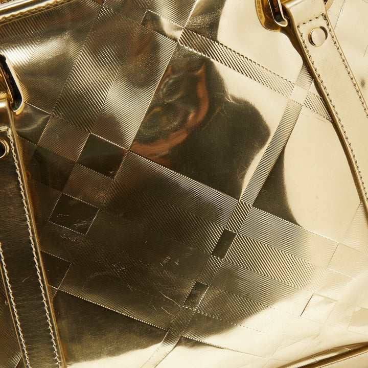 Burberry Metallic Gold Beat Check Mirror Patent Leather Ember Tote