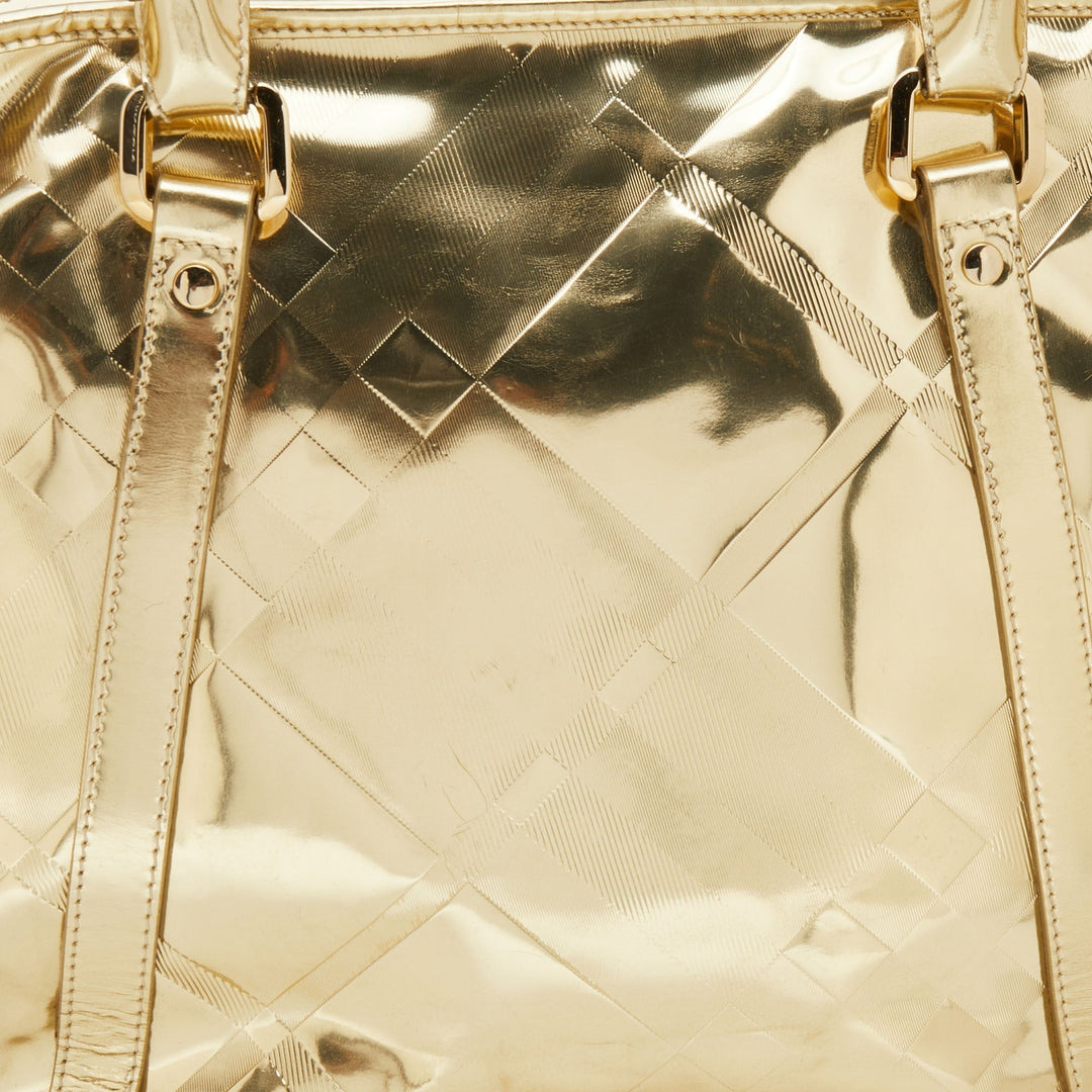 Burberry Metallic Gold Beat Check Mirror Patent Leather Ember Tote