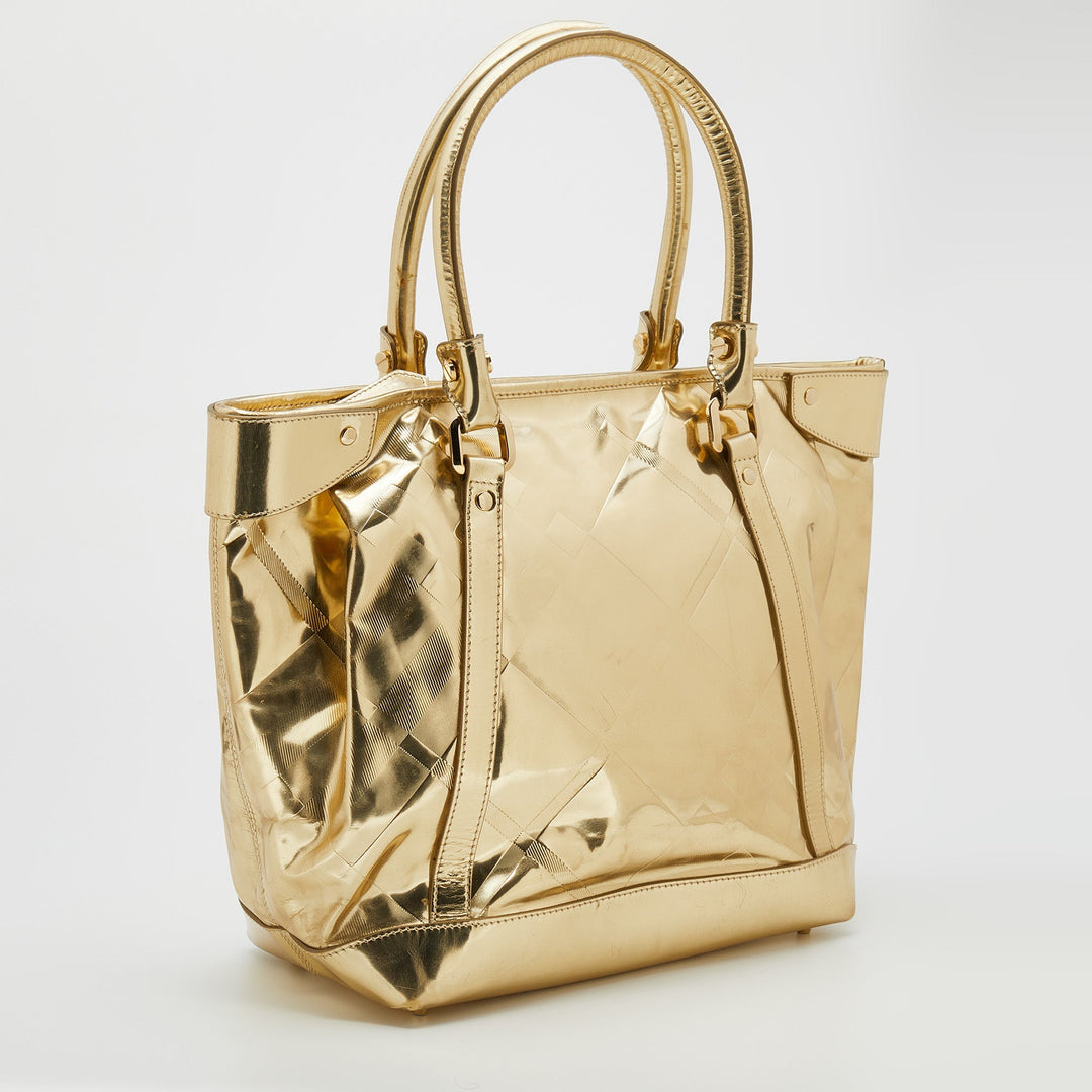 Burberry Metallic Gold Beat Check Mirror Patent Leather Ember Tote