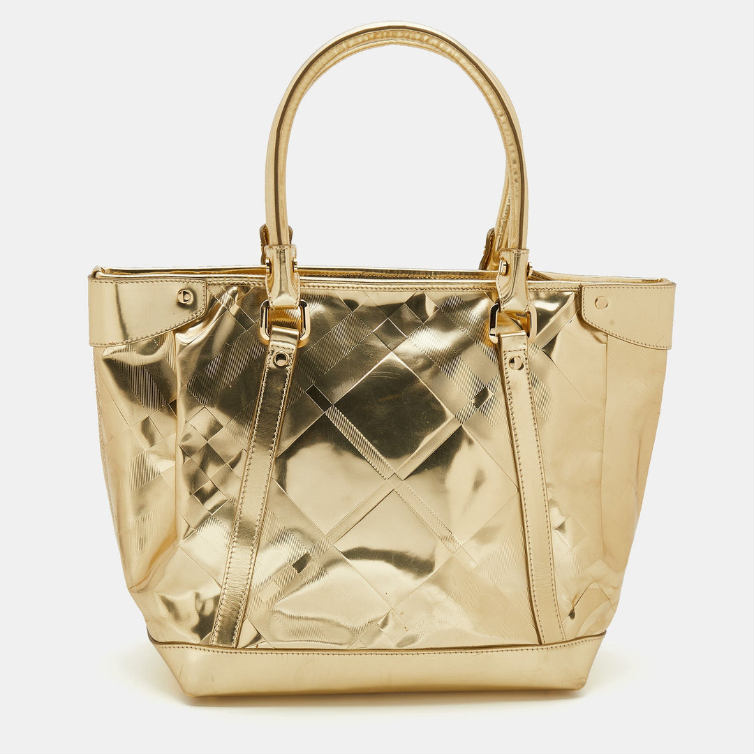Burberry Metallic Gold Beat Check Mirror Patent Leather Ember Tote