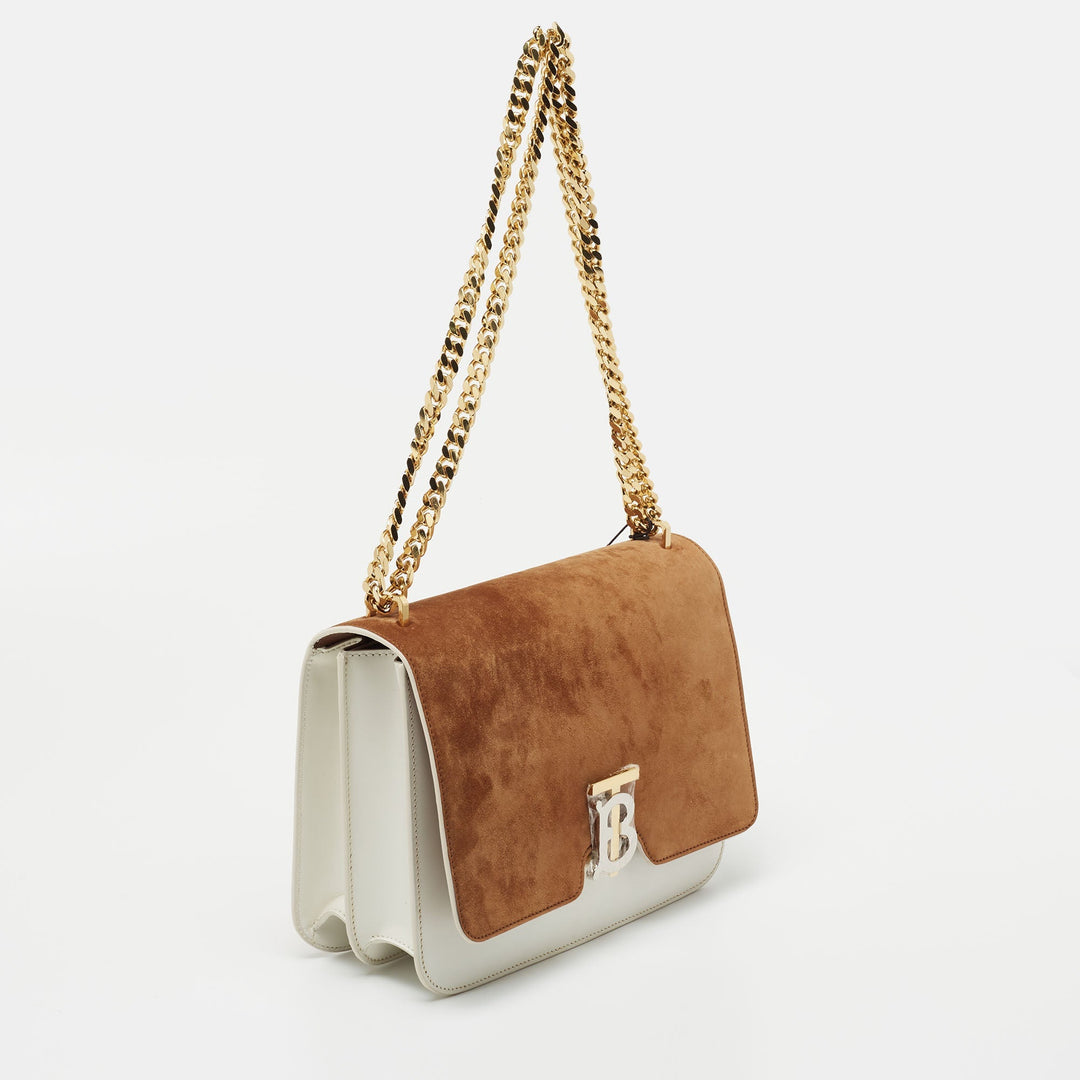 Burberry White/Tan Suede and Leather Medium TB Shoulder Bag