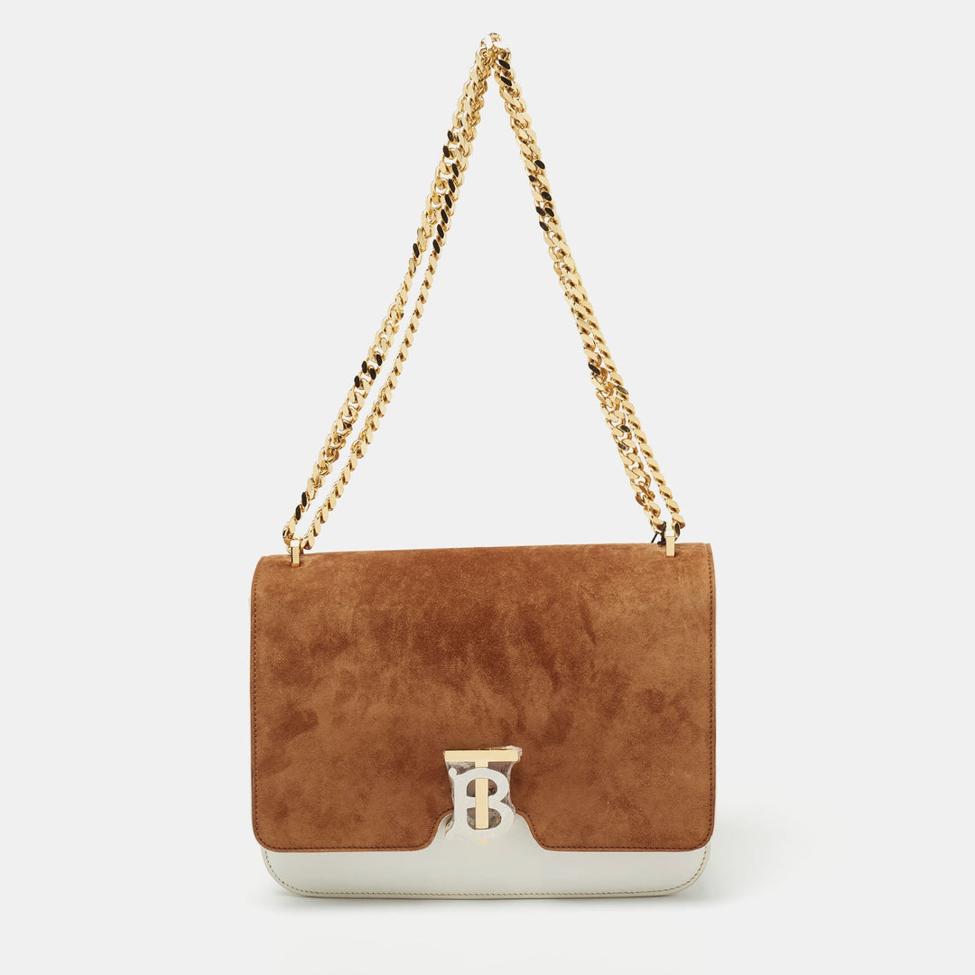 Burberry White/Tan Suede and Leather Medium TB Shoulder Bag