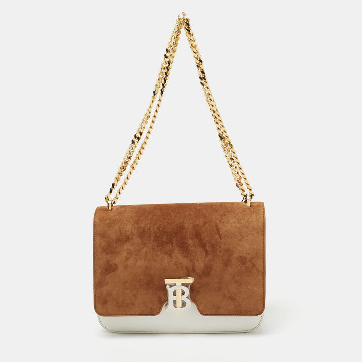 Burberry White/Tan Suede and Leather Medium TB Shoulder Bag