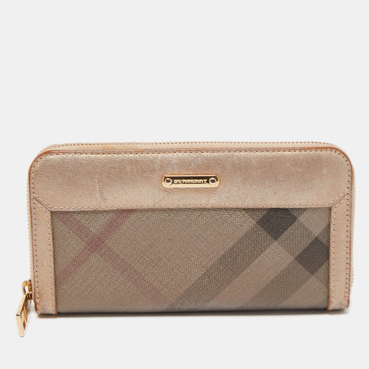 Top Quality Burberry Metallic Beige Nova Check Coated Canvas Zip Around Wallet