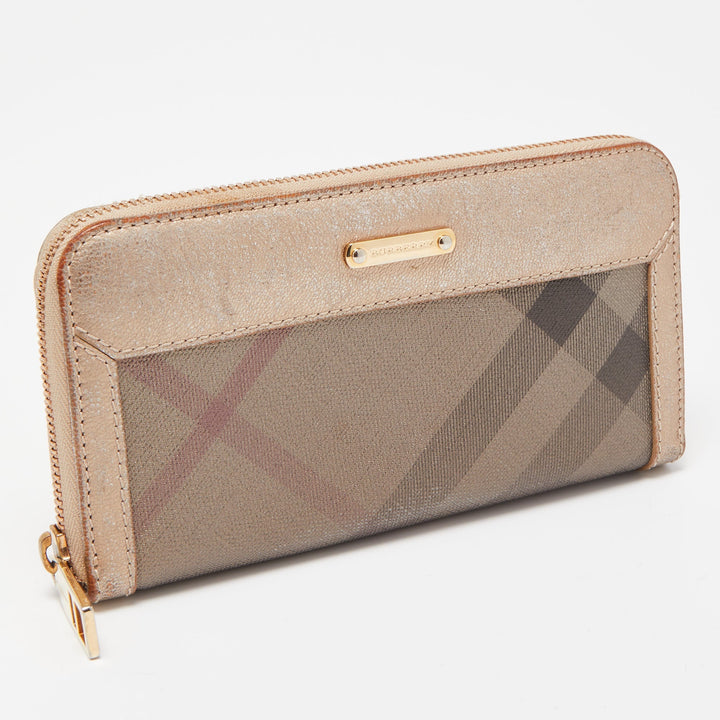 Top Quality Burberry Metallic Beige Nova Check Coated Canvas Zip Around Wallet