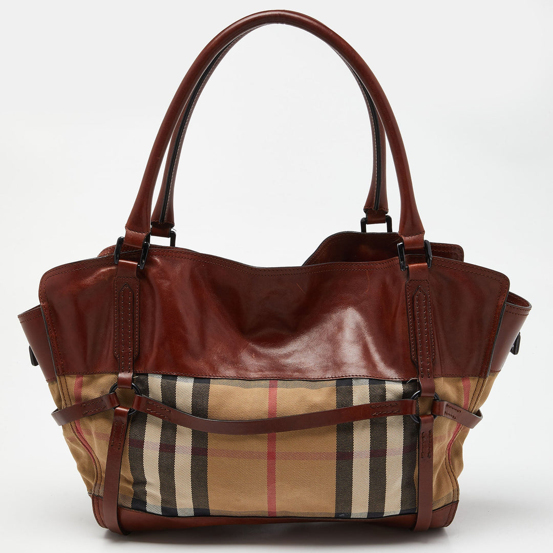 BURBERRY Brown/Beige House Check Canvas and Leather Belted Tote