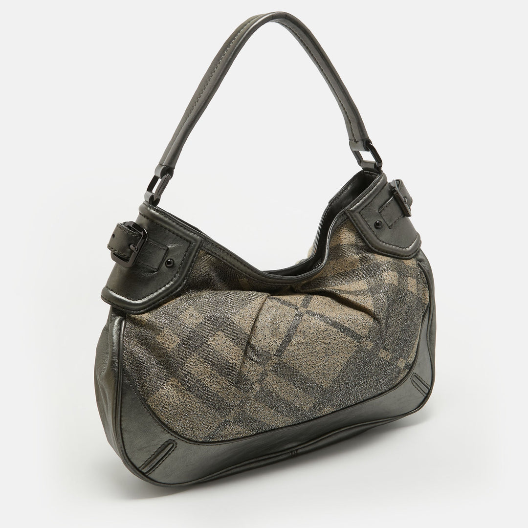 BURBERRY Grey Nova Check Lurex and Leather Fairby Hobo