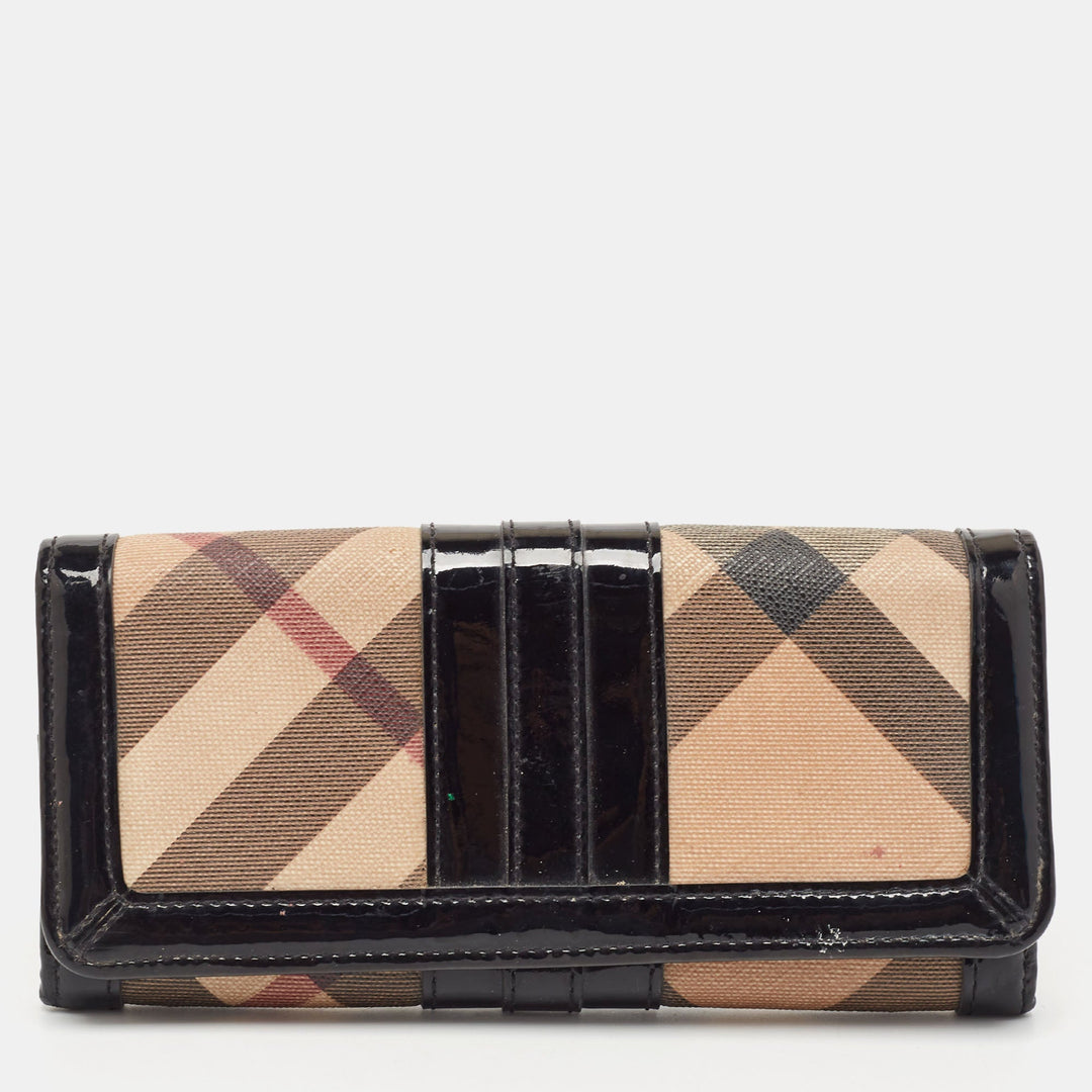 BURBERRY Black Novacheck Canvas and Patent Leather Penrose Continental Wallet
