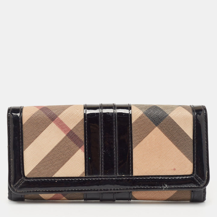 BURBERRY Black Novacheck Canvas and Patent Leather Penrose Continental Wallet