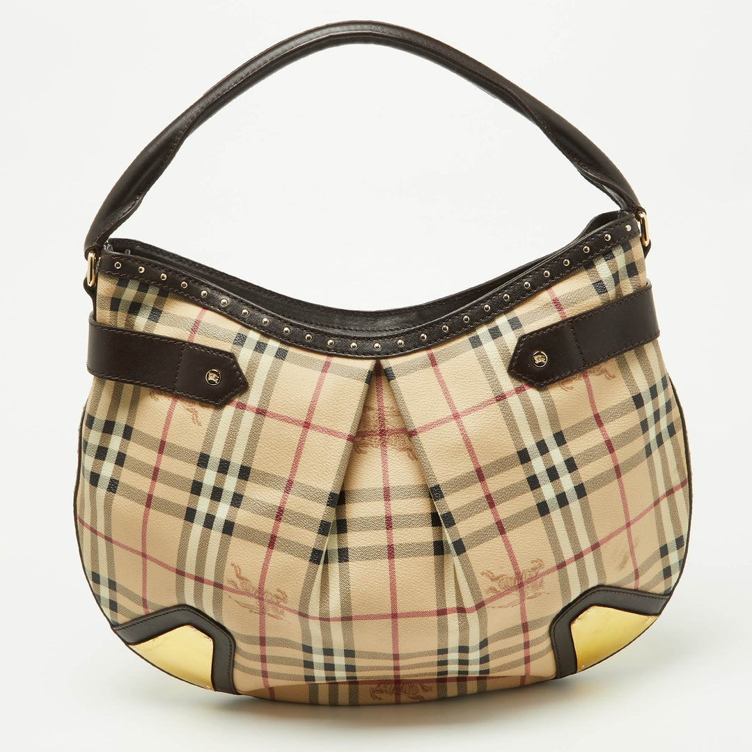 Burberry Dark Brown/Beige House Check PVC and Leather Studded Hartley Hobo