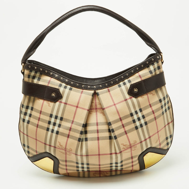 Burberry Dark Brown/Beige House Check PVC and Leather Studded Hartley Hobo