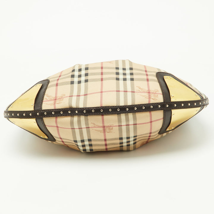 Burberry Dark Brown/Beige House Check PVC and Leather Studded Hartley Hobo
