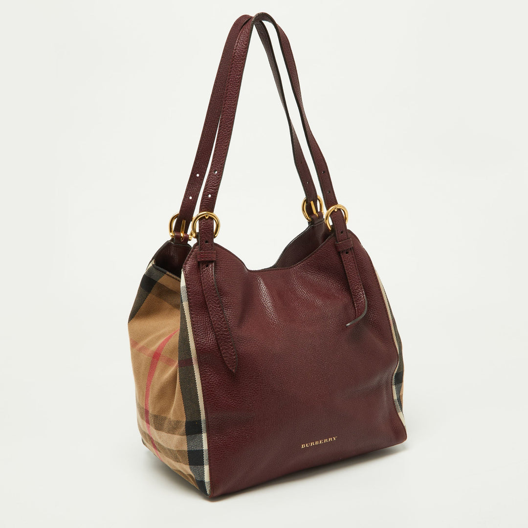 BURBERRY Burgundy/Beige House Check Fabric and Leather Small Canterbury Tote