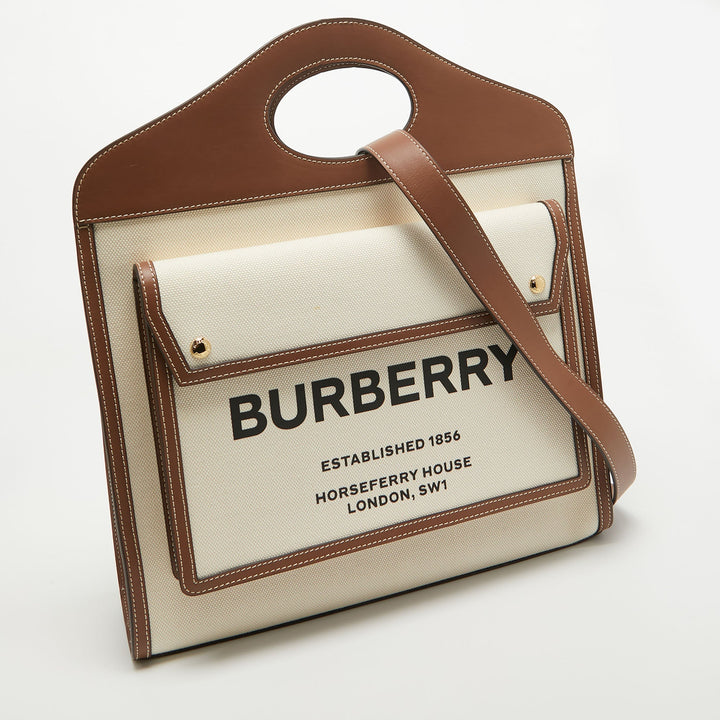 BURBERRY Dark Brown/Beige Canvas and Leather Medium Pocket Bag