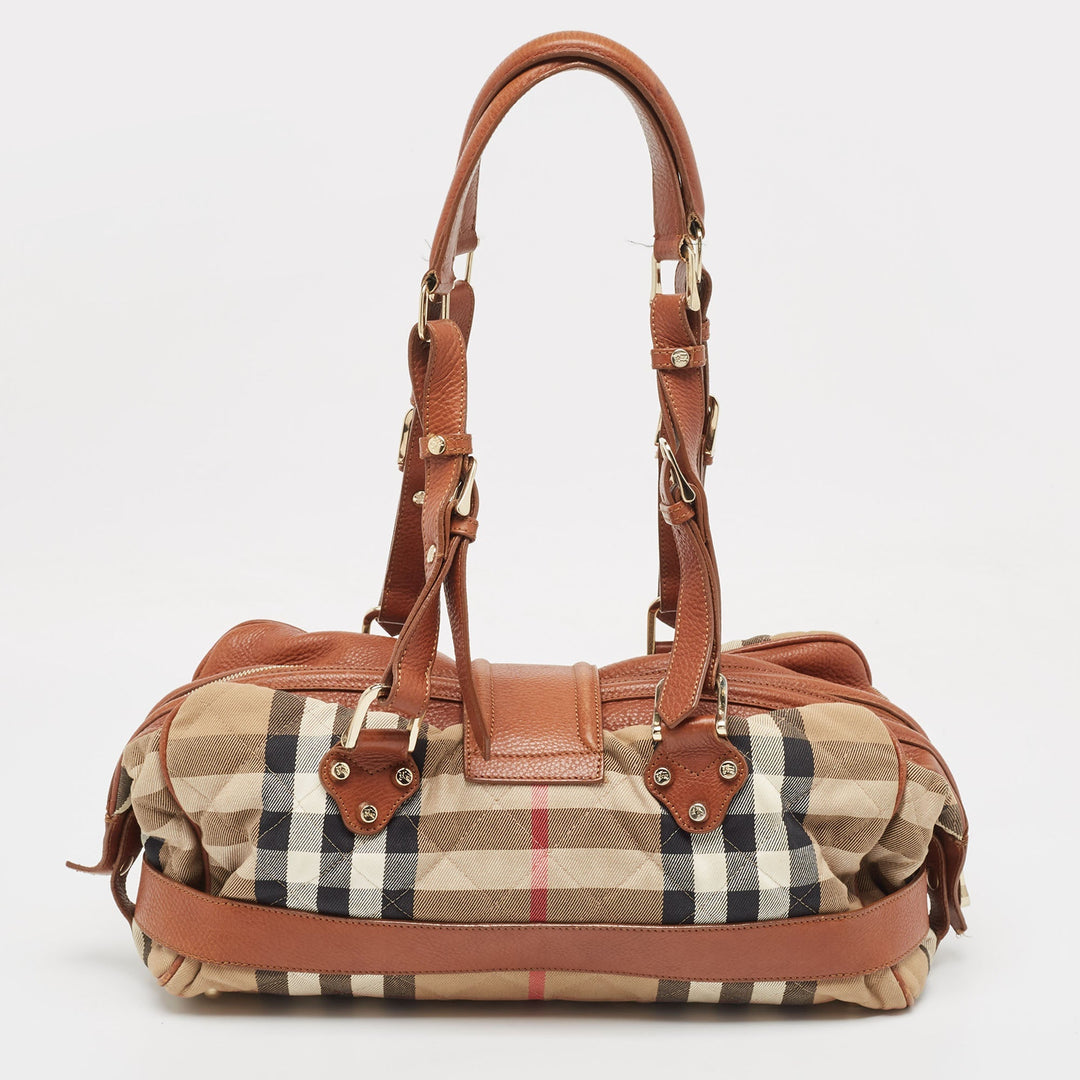 BURBERRY Brown/Beige Quilted House Check Canvas and Leather Buckle Satchel
