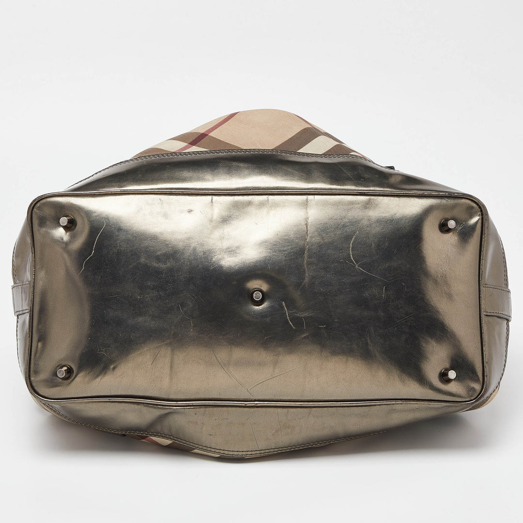 BURBERRY Metallic/Beige Nova Check Coated Canvas and Patent Leather Beaton Drawstring Bag