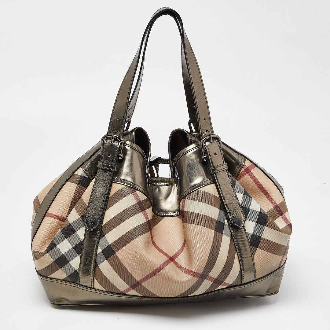 BURBERRY Metallic/Beige Nova Check Coated Canvas and Patent Leather Beaton Drawstring Bag