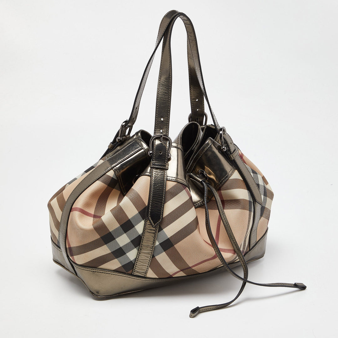 BURBERRY Metallic/Beige Nova Check Coated Canvas and Patent Leather Beaton Drawstring Bag