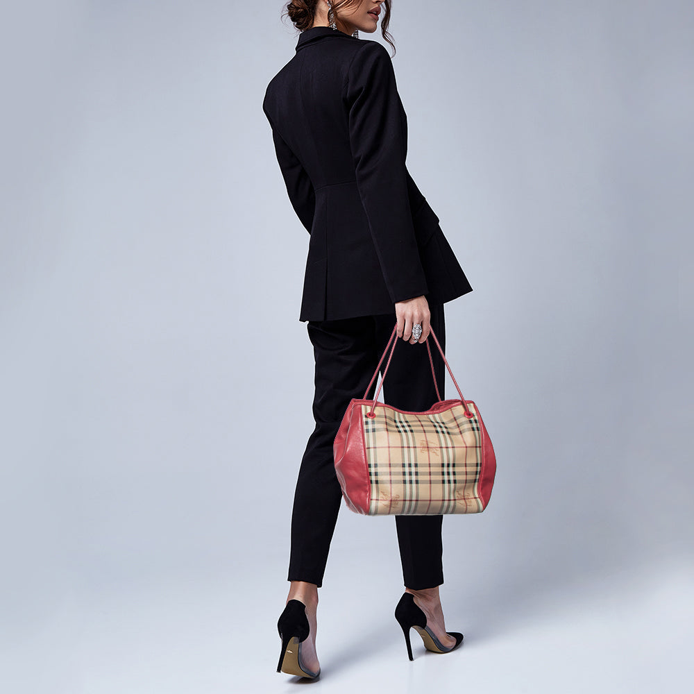 Burberry Beige/Pink Haymarket Check PVC and Leather Small Canterbury Tote