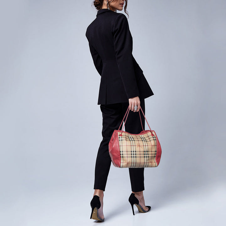 Burberry Beige/Pink Haymarket Check PVC and Leather Small Canterbury Tote
