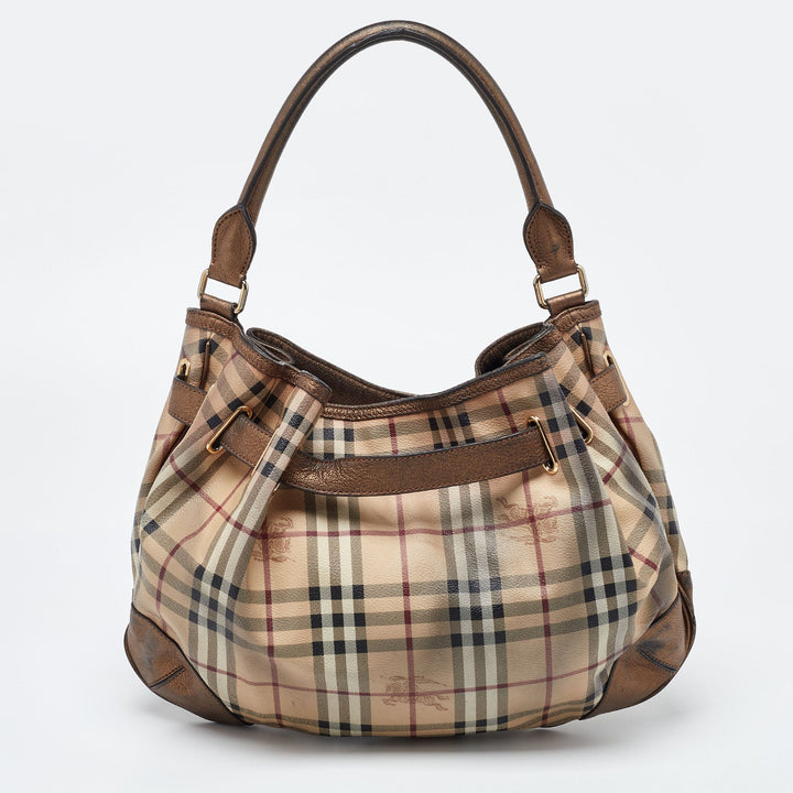 BURBERRY Bronze/Beige Haymarket Check PVC and Leather Medium Willenmore Hobo