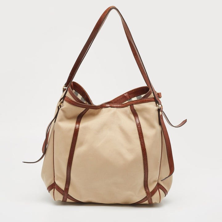 BURBERRY Brown/Beige Fabric and Leather Large Canterbury Tote