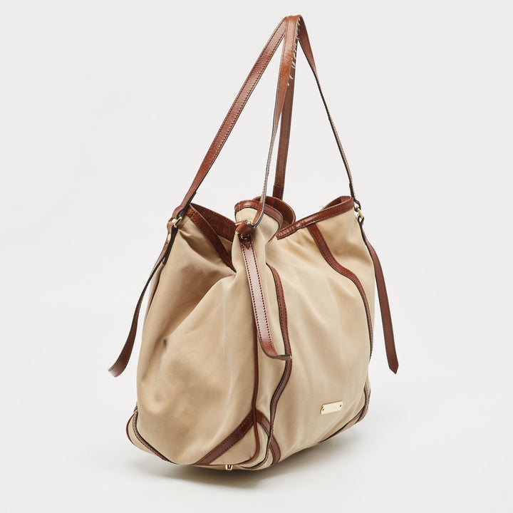 BURBERRY Brown/Beige Fabric and Leather Large Canterbury Tote