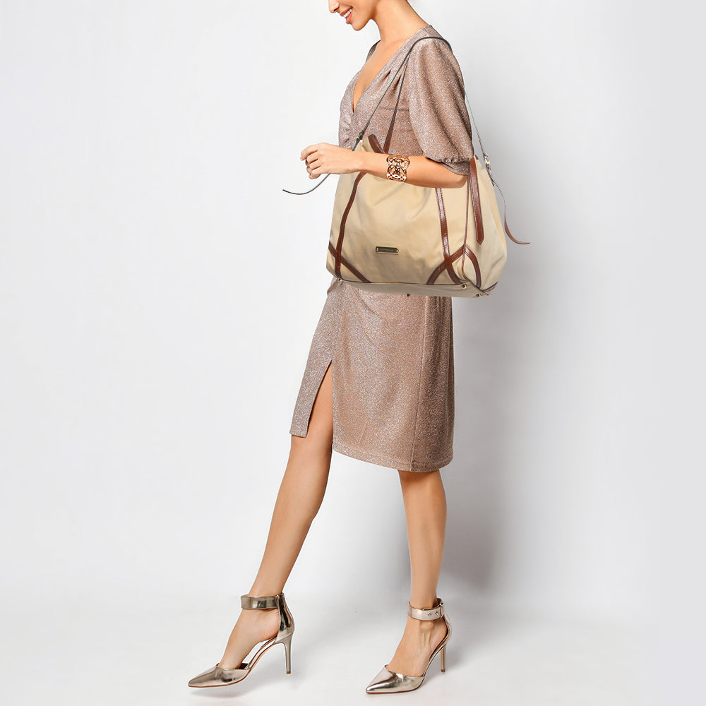 BURBERRY Brown/Beige Fabric and Leather Large Canterbury Tote
