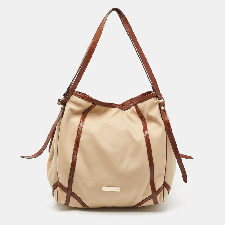 BURBERRY Brown/Beige Fabric and Leather Large Canterbury Tote