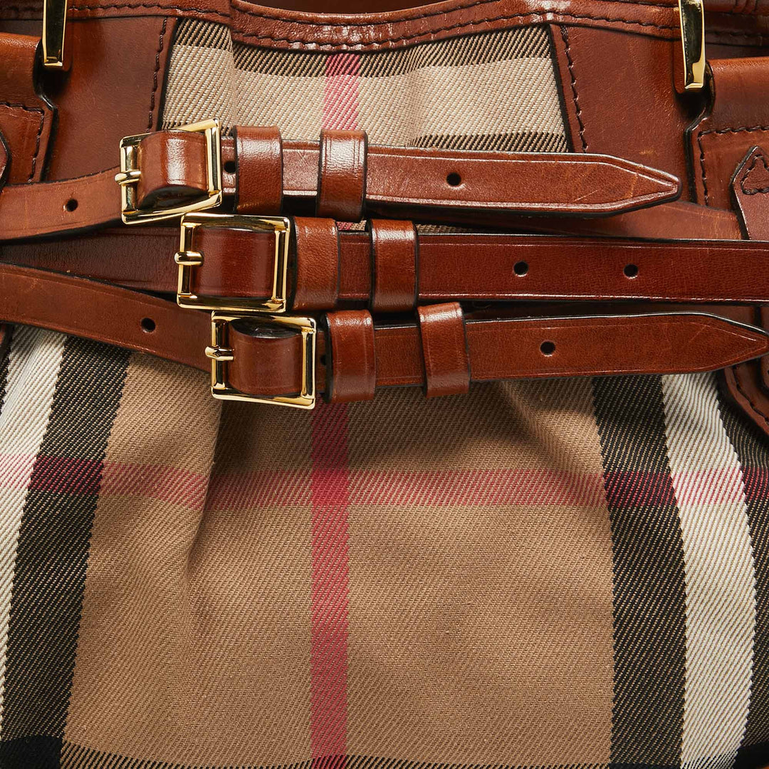 BURBERRY Brown/Beige House Check Fabric and Leather Medium Bridle Lynher Tote