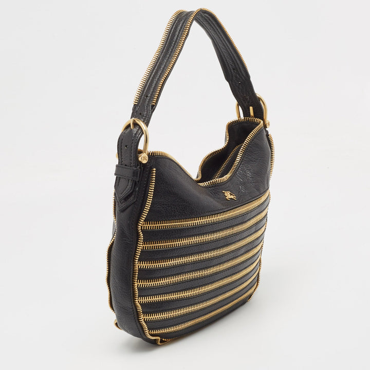 BURBERRY Black Leather Zipped Detail Hobo