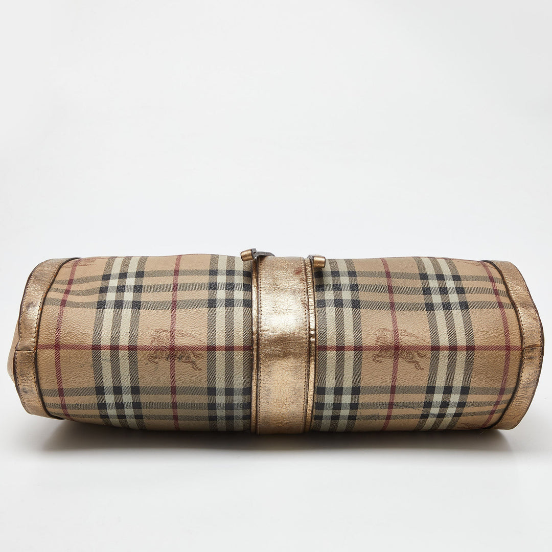 BURBERRY Beige/Gold Haymarket Check PVC and Leather Hobo