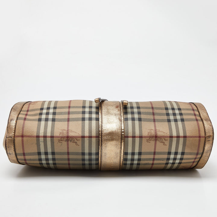 BURBERRY Beige/Gold Haymarket Check PVC and Leather Hobo