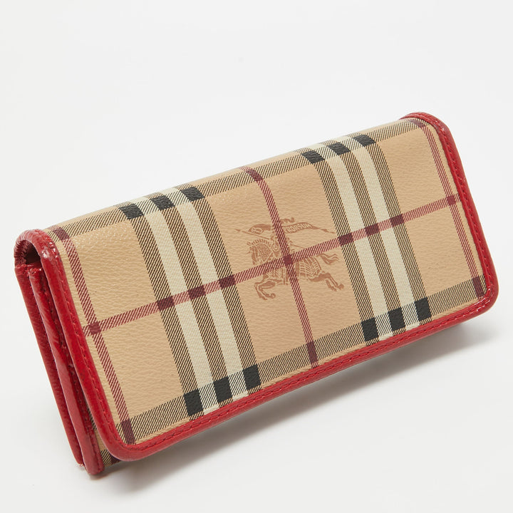 BURBERRY Red/Beige House Check Coated Canvas and Patent Leather Flap Continental Wallet