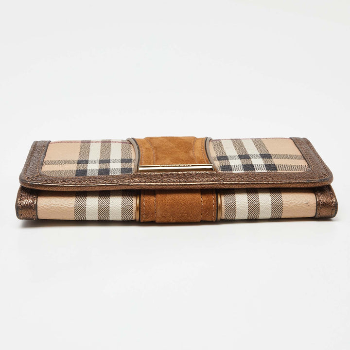 BURBERRY Beige/Metallic Nova Check PVC,Leather and Suede Flap Continental Wallet