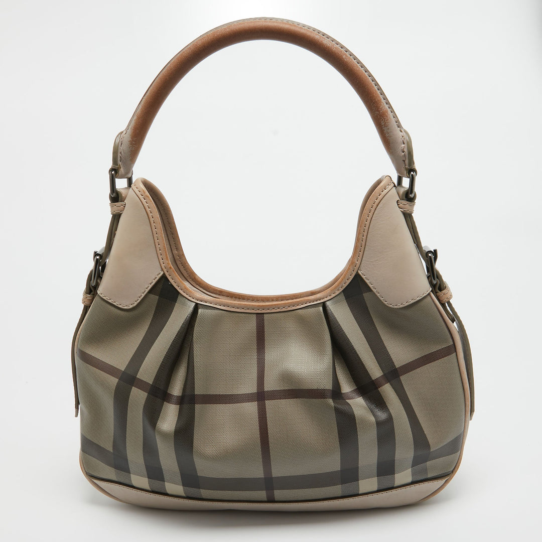 BURBERRY Smoked Check Coated Canvas and Leather Small Brooklyn Hobo