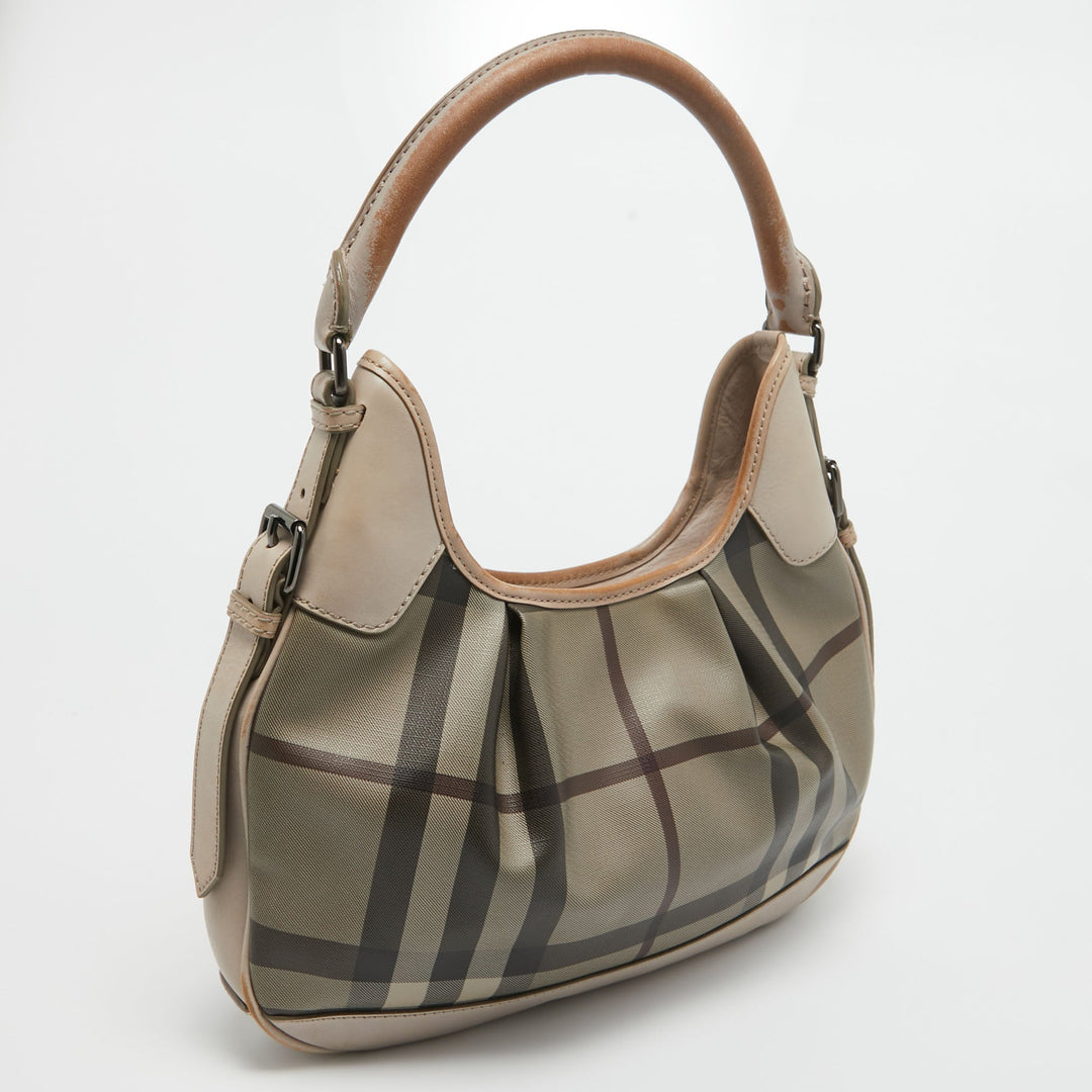 BURBERRY Smoked Check Coated Canvas and Leather Small Brooklyn Hobo