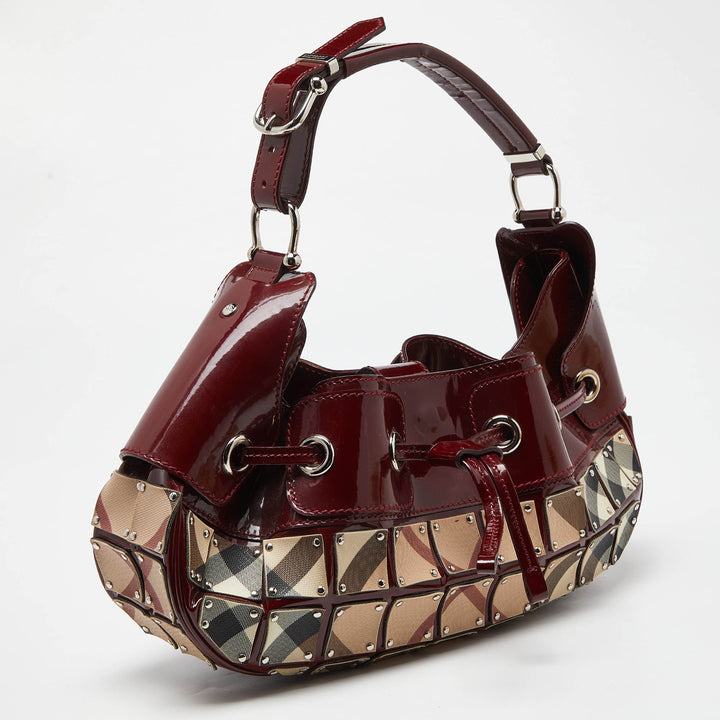 BURBERRY Red/Beige Super Nova Check Mini Warrior Studded Hobo