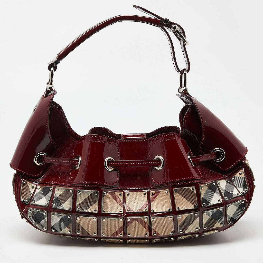 BURBERRY Red/Beige Super Nova Check Mini Warrior Studded Hobo