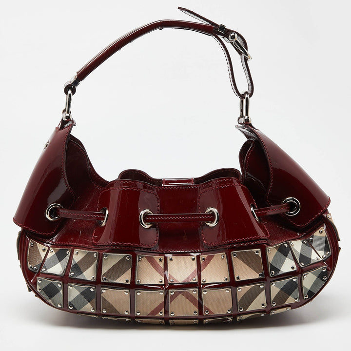 BURBERRY Red/Beige Super Nova Check Mini Warrior Studded Hobo