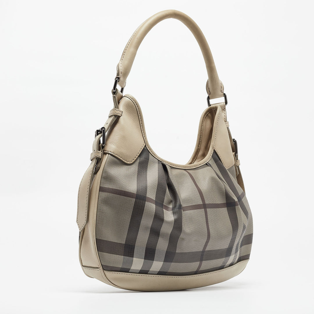 BURBERRY Light Beige Smoked Check Coated Canvas and Leather Small Brooklyn Hobo