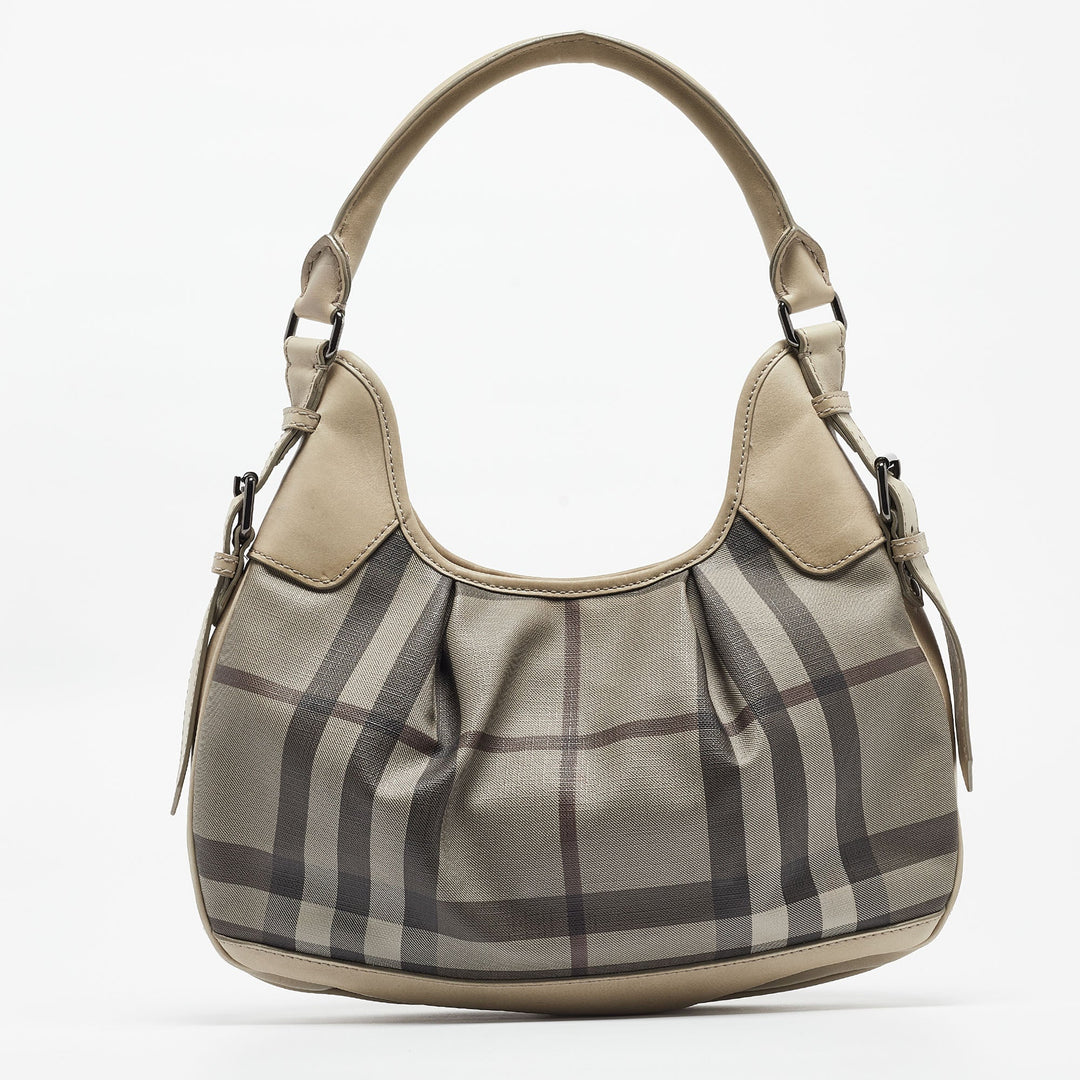 BURBERRY Light Beige Smoked Check Coated Canvas and Leather Small Brooklyn Hobo